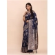 Generic Women's Banarasi Silk Printed Saree With Unstitched Blouse 5.5Mtr (Navy Blue)