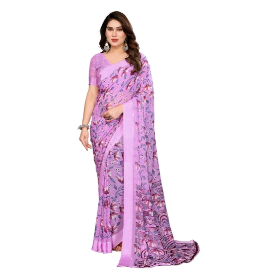 Generic Women's Georgette Printed Saree With Unstitched Blouse 5.5Mtr (Purple)