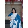 Generic Women's Linen Printed Saree With Unstitched Blouse 5.5Mtr (White)