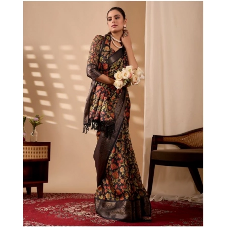 Generic Women's Faux_Banarasi Printed Saree With Unstitched Blouse 5.5Mtr (Black) Generic Women's Faux_Banarasi Printed Saree With Unstitched Blouse 5.5Mtr (Black)