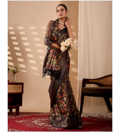 Generic Women's Faux_Banarasi Printed Saree With Unstitched Blouse 5.5Mtr (Black)