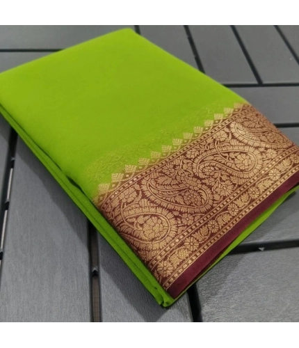 Generic Women's Crepe Chit Pallu Solid Saree With Unstitched Blouse 5.5Mtr (Green)
