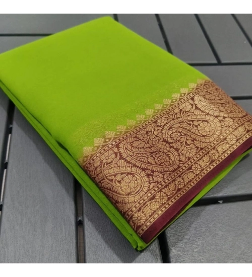 Generic Women's Crepe Chit Pallu Solid Saree With Unstitched Blouse 5.5Mtr (Green)