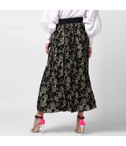 Generic Women's Georgette Chain Print Elasticated Skirt (Black-Cream)