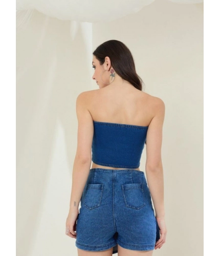 Generic Women's Denim Lycra Solid Sleeveless Top (Blue)