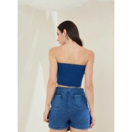 Generic Women's Denim Lycra Solid Sleeveless Top (Blue)