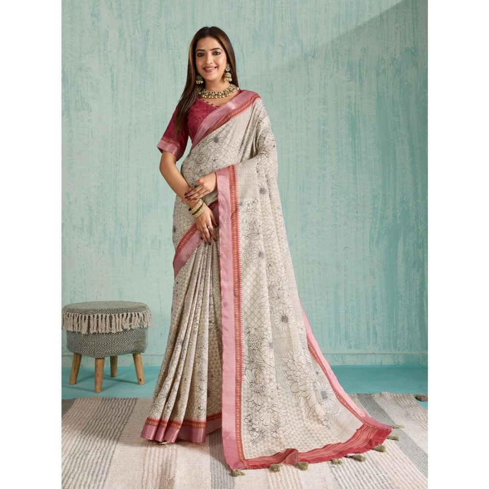 Generic Women's Silk Blend Printed Saree With Unstitched Blouse 5.5Mtr (Beige) Generic Women's Silk Blend Printed Saree With Unstitched Blouse 5.5Mtr (Beige)