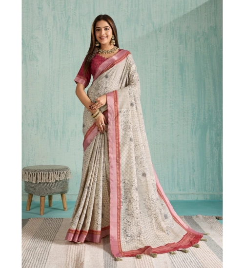 Generic Women's Silk Blend Printed Saree With Unstitched Blouse 5.5Mtr (Beige)