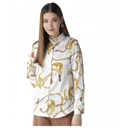 Generic Women's Satin Printed Long Sleeves Shirt (White-Gold)
