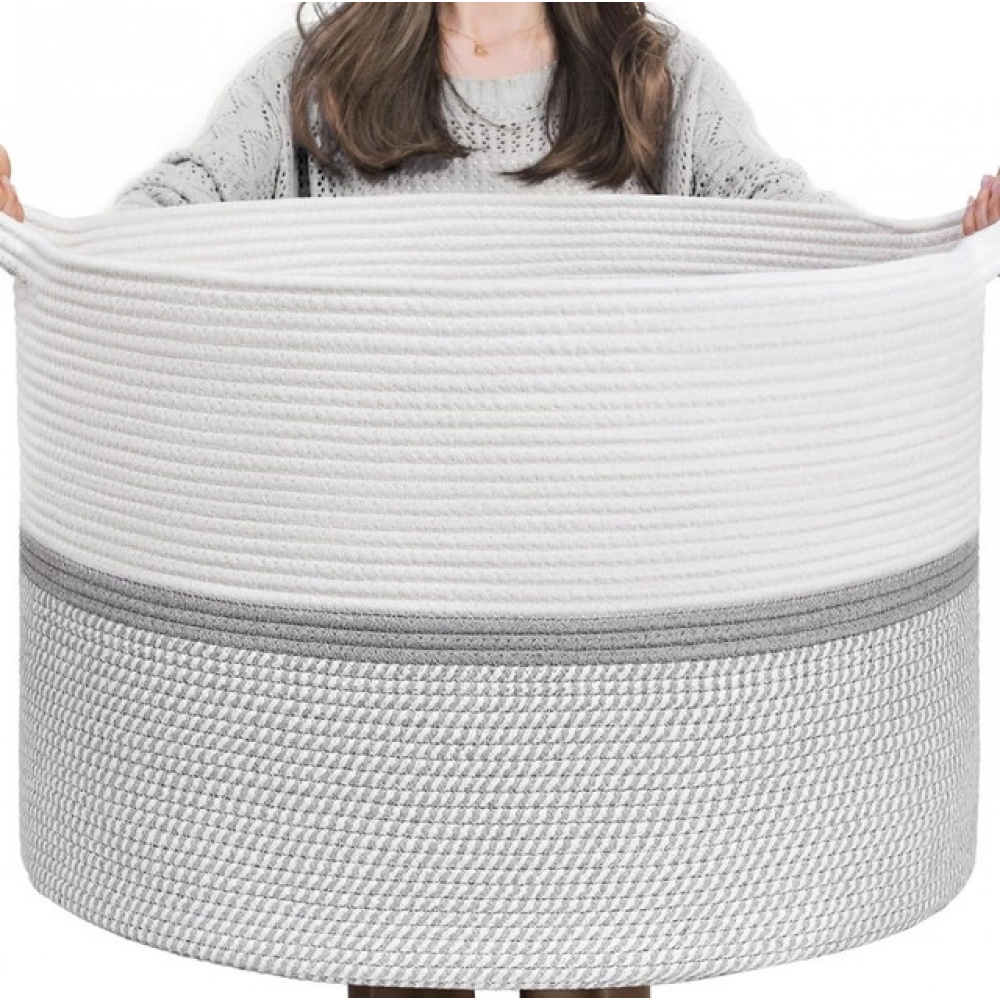 Generic Cotton Dori 16x14 Inch Storage Basket For Clothes With Out Lid (White-Gray-White)