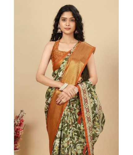 Generic Women's Cotton Silk Floral Printed Saree With Unstitched Blouse 5.5Mtr (Multicolor)