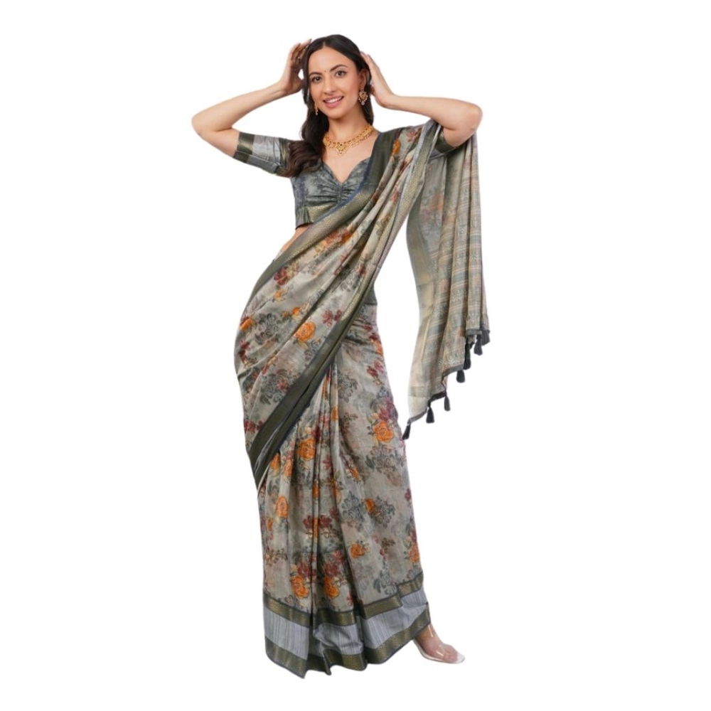 Women's Polyester Printed Ready To Wear Saree With Unstitched Blouse 5.5 Mtr (Light Grey)