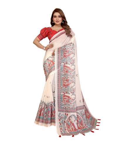 Generic Women's Linen Cotton Printed Saree With Unstitched Blouse 5.5Mtr (Off White)