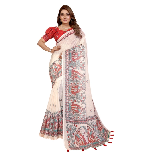 Generic Women's Linen Cotton Printed Saree With Unstitched Blouse 5.5Mtr (Off White) Generic Women's Linen Cotton Printed Saree With Unstitched Blouse 5.5Mtr (Off White)