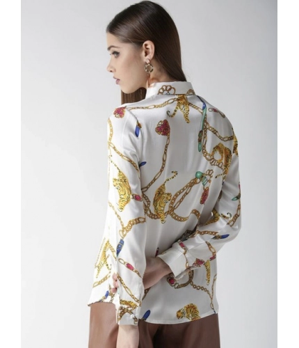 Generic Women's Satin Printed Long Sleeves Shirt (White-Gold)
