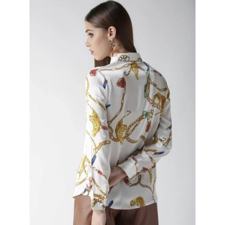 Generic Women's Satin Printed Long Sleeves Shirt (White-Gold) Generic Women's Satin Printed Long Sleeves Shirt (White-Gold)