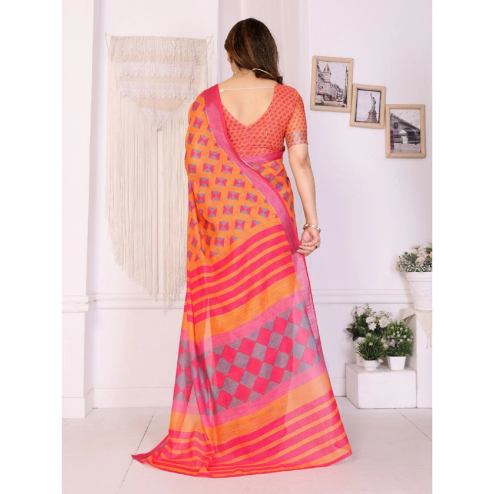 Generic Women's Linen Cotton Printed Saree With Unstitched Blouse 5.5Mtr (Orange ) Generic Women's Linen Cotton Printed Saree With Unstitched Blouse 5.5Mtr (Orange )