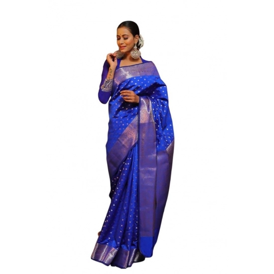 Generic Women's Soft Lichi Silk Printed Saree With Unstitched Blouse 5.5Mtr (Blue)