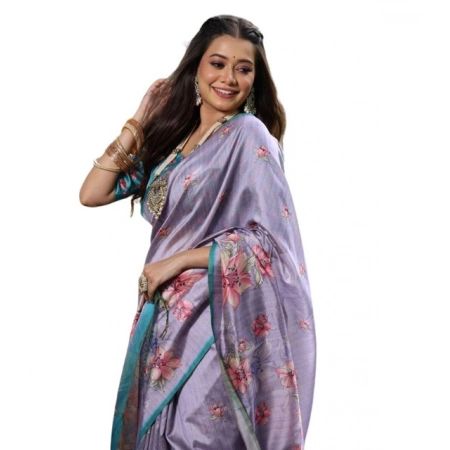 Generic Women's Faux_Tussar Floral_Print Saree With Unstitched Blouse 5.5Mtr (Lavender) Generic Women's Faux_Tussar Floral_Print Saree With Unstitched Blouse 5.5Mtr (Lavender)