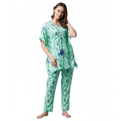 Generic Women's Rayon Floral Kaftan Sleeve Night Suit (Green - Blue)
