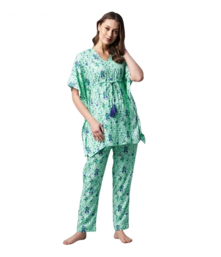 Generic Women's Rayon Floral Kaftan Sleeve Night Suit (Green - Blue)