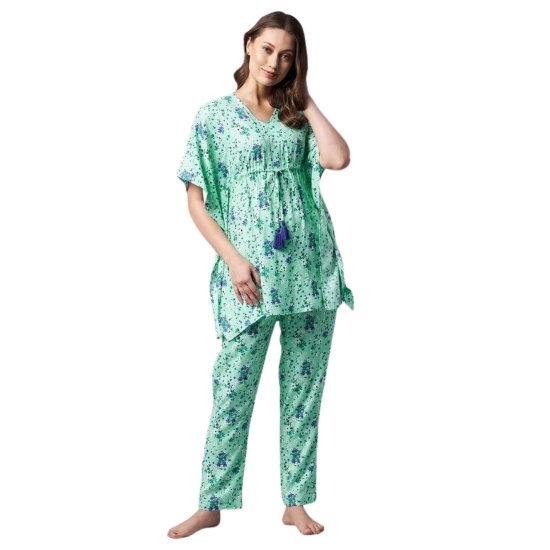 Generic Women's Rayon Floral Kaftan Sleeve Night Suit (Green - Blue) Generic Women's Rayon Floral Kaftan Sleeve Night Suit (Green - Blue)