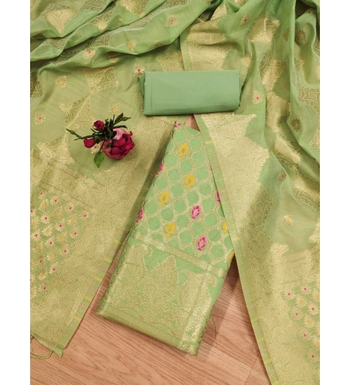 Generic Women's Banarasi Silk Printed Unstitched Salwar Suit Material With Dupatta (Pista, 3Mtrs)