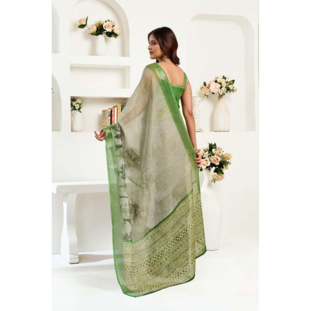 Generic Women's Linen Cotton Printed Ready To Wear Saree With Unstitched Blouse 5.5 Mtr (Light_Green)
