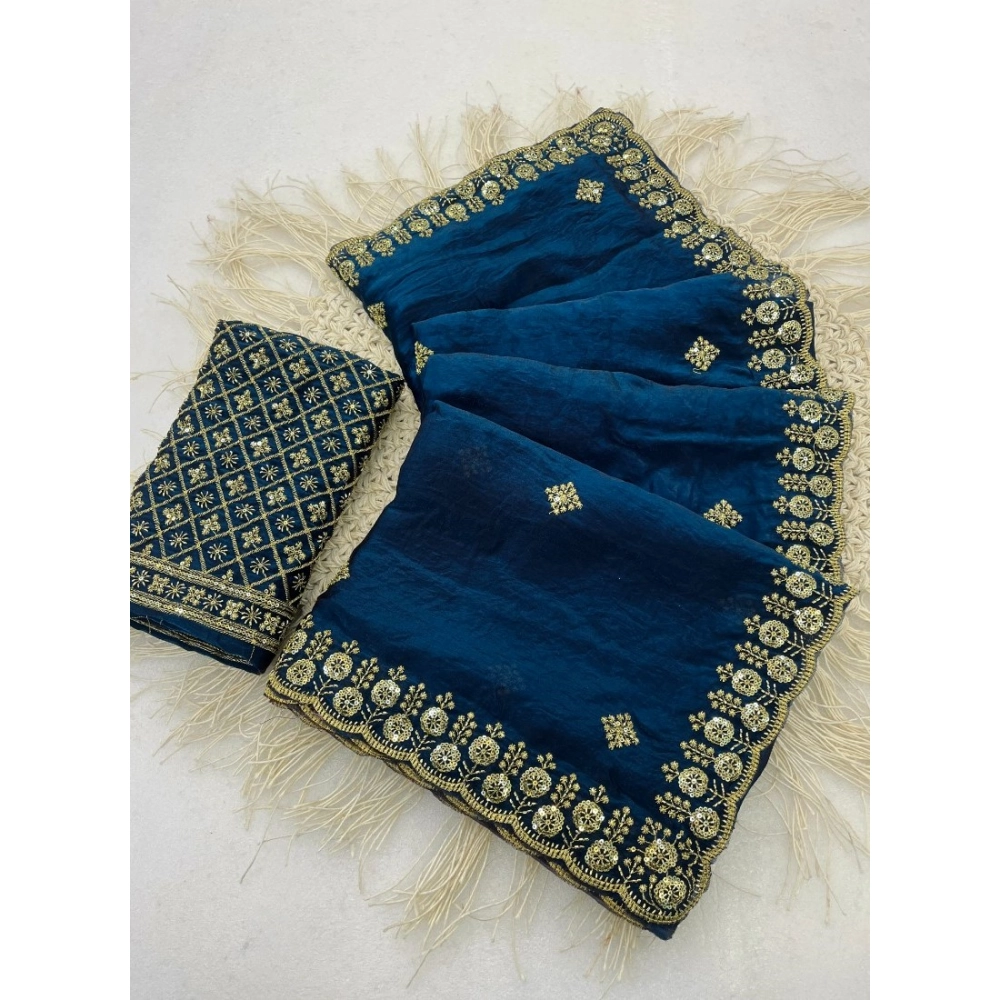 Generic Women's Satin Embellished Saree With Unstitched Blouse 5.5Mtr (Teal)