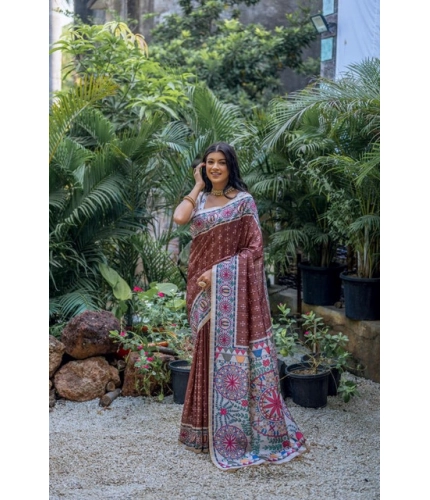 Generic Women's Faux_Tussar Geometric_Print Saree With Unstitched Blouse 5.5Mtr (Coffee)