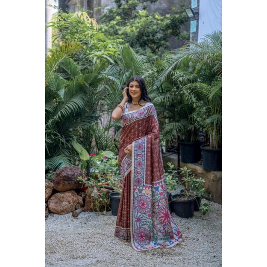Generic Women's Faux_Tussar Geometric_Print Saree With Unstitched Blouse 5.5Mtr (Coffee) Generic Women's Faux_Tussar Geometric_Print Saree With Unstitched Blouse 5.5Mtr (Coffee)