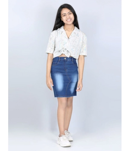 Generic Girl's Denim Solid Buttoned Skirt (Blue)