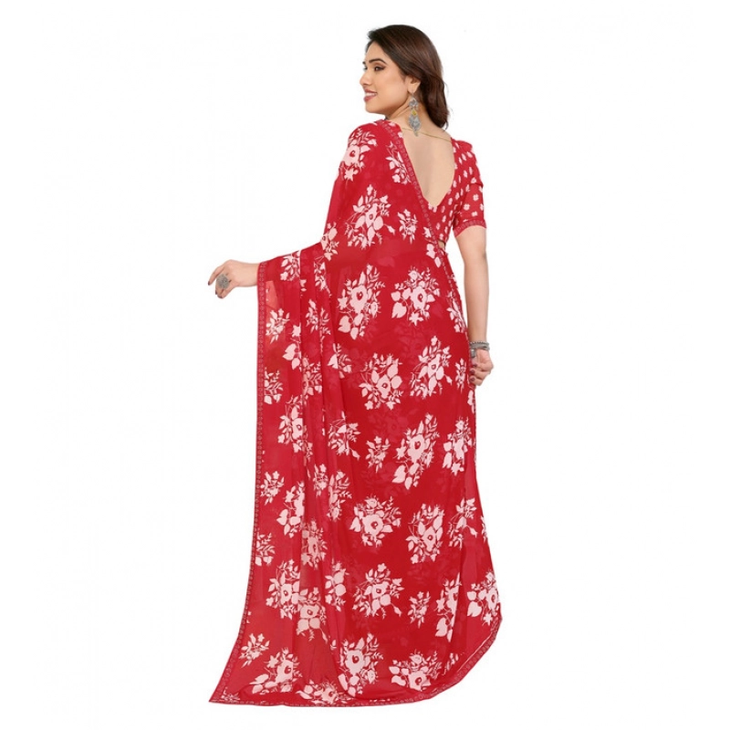 Women's Georgette Printed Saree With Unstitched Blouse 5.5Mtr (Red)