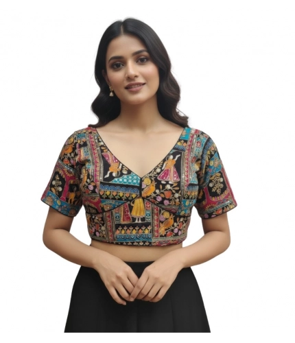 Generic Women's Crepe Position Print V Neck Short Sleeve Readymade Blouse (Black 38 Ready , Alterable 36–40)-PID65821
