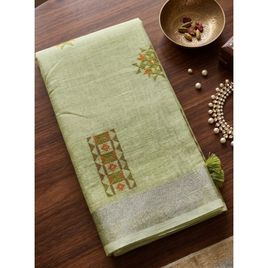 Generic Women's Linen Embroidered Saree With Unstitched Blouse 5.5Mtr (Light Green) Generic Women's Linen Embroidered Saree With Unstitched Blouse 5.5Mtr (Light Green)