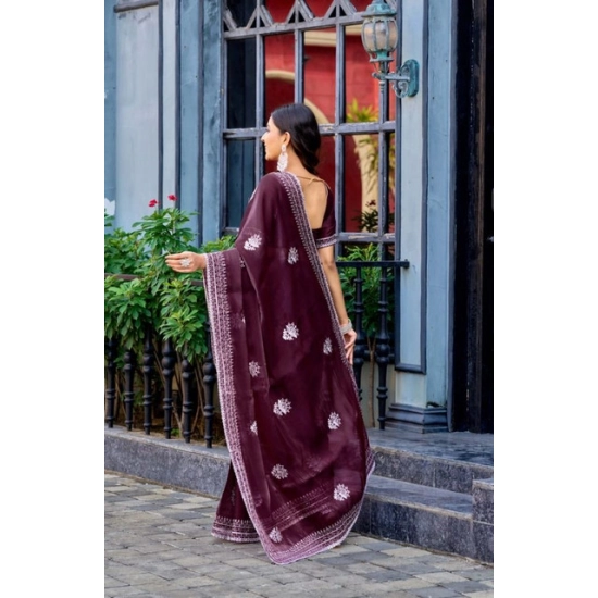 Generic Women's Faux Shimmer Floral Embroidery Ready to wear Saree With Unstitched Blouse 5.5Mtr (Maroon) Generic Women's Faux Shimmer Floral Embroidery Ready to wear Saree With Unstitched Blouse 5.5Mtr (Maroon)