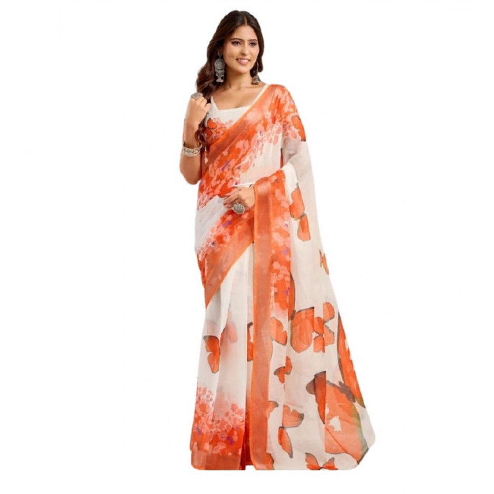 Generic Women's Linen Cotton Printed Ready To Wear Saree With Unstitched Blouse 5.5 Mtr (Orange)