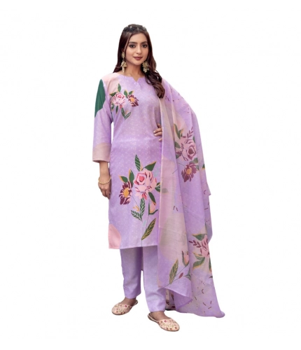 Generic Women's Cotton Blend Printed Kurti With Pant Dupatta Set (Lavender)