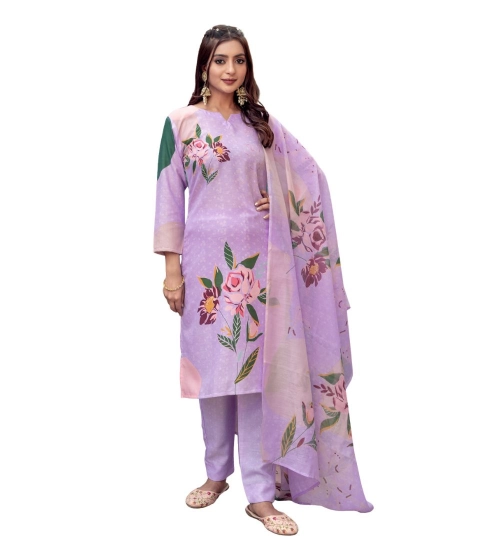 Generic Women's Cotton Blend Printed Kurti With Pant Dupatta Set (Lavender)