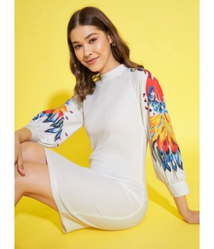 Generic Women's Polyester Lycra Printed Long Sleeve Dress (Multicolor)