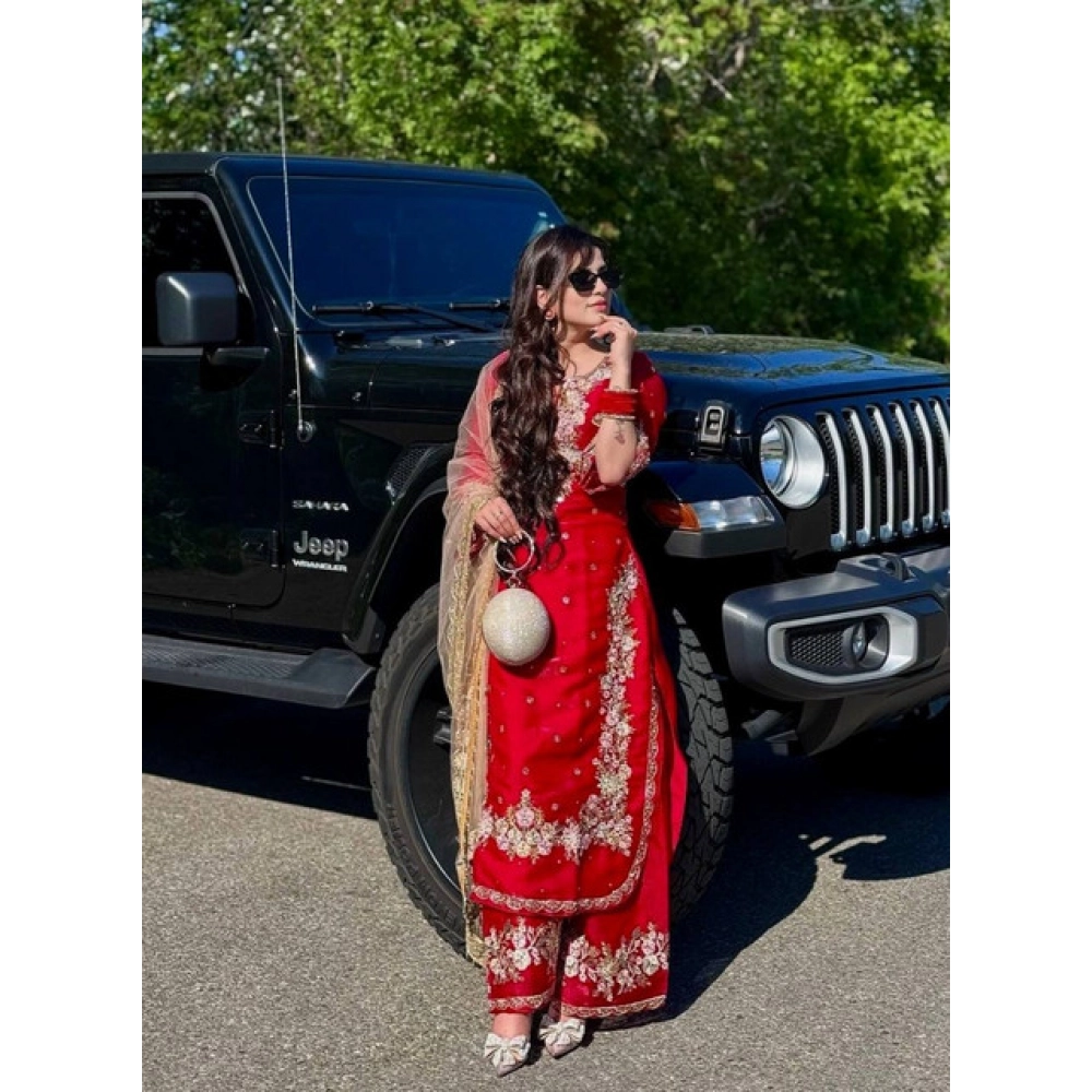 Generic Women's Silk Embroidered 3/4th Sleeve Round Readymade Kurti With Palazzo Pant and Dupatta Set (Red) Generic Women's Silk Embroidered 3/4th Sleeve Round Readymade Kurti With Palazzo Pant and Dupatta Set (Red)
