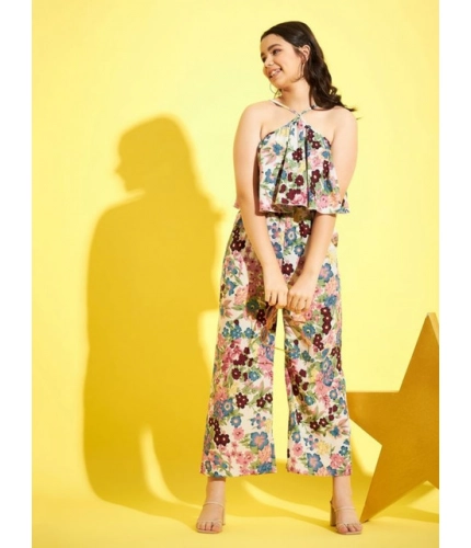 Generic Girl's Polyester Crepe Floral Sleeveless Jumpsuit (Multicolor)