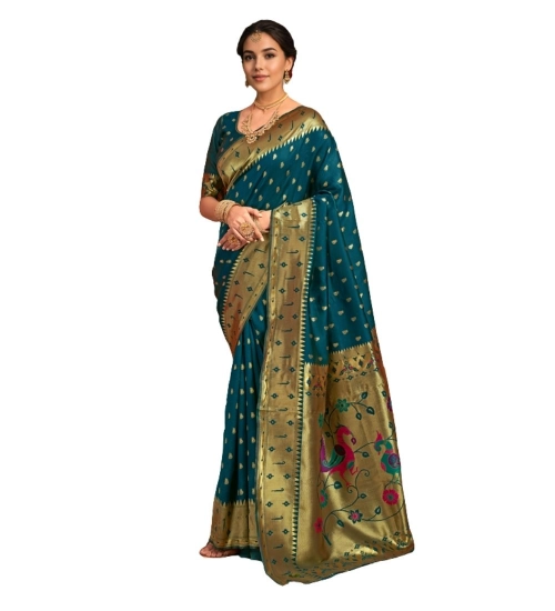 Generic Women's Silk Blend Zari Weaving Saree With Unstitched Blouse 5.5Mtr (Teal)
