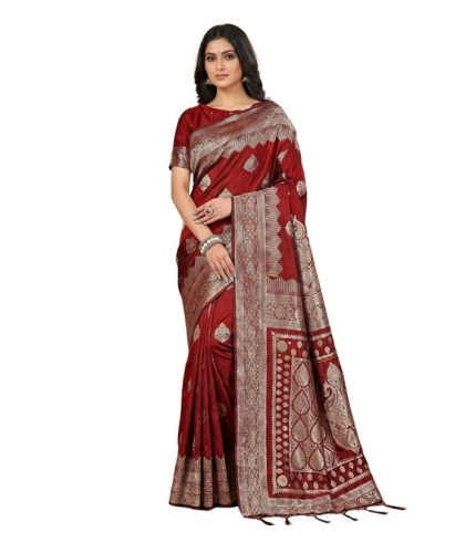 Generic Women's Silk Blend Printed Saree With Unstitched Blouse 5.5Mtr (Maroon)