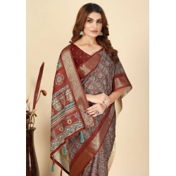 Generic Women's Cotton Blend Printed Saree With Unstitched Blouse 5.5Mtr (Multicolor)