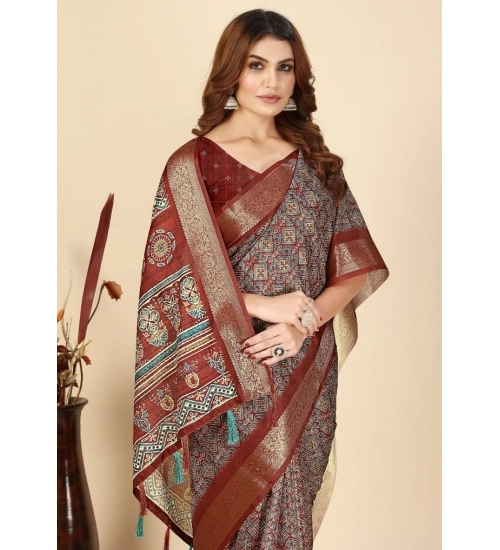 Generic Women's Cotton Blend Printed Saree With Unstitched Blouse 5.5Mtr (Multicolor)