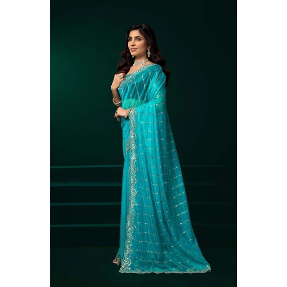 Generic Women's Net Sequence Saree With Unstitched Blouse 5.5Mtr (Turquoise)