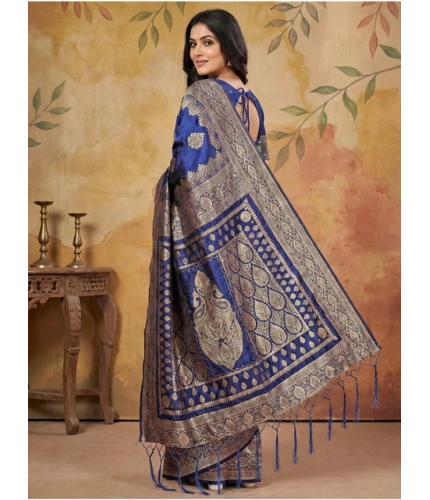 Generic Women's Silk Blend Printed Saree With Unstitched Blouse 5.5Mtr (Navy Blue)