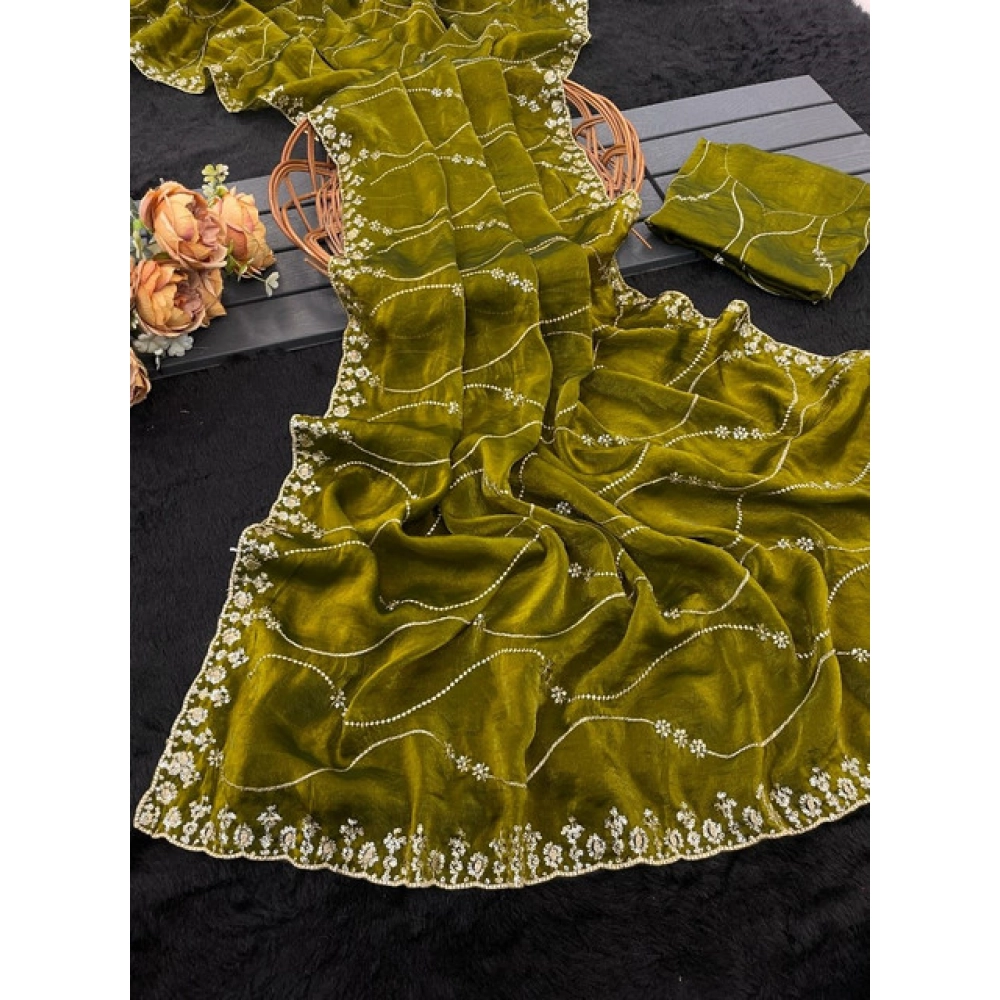 Generic Women's Jimmy Choo Embellished Saree With Unstitched Blouse 5.5Mtr�(Green)
