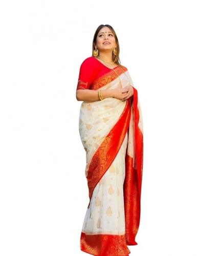 Generic Women's Soft Lichi Silk Printed Saree With Unstitched Blouse 5.5Mtr (White)